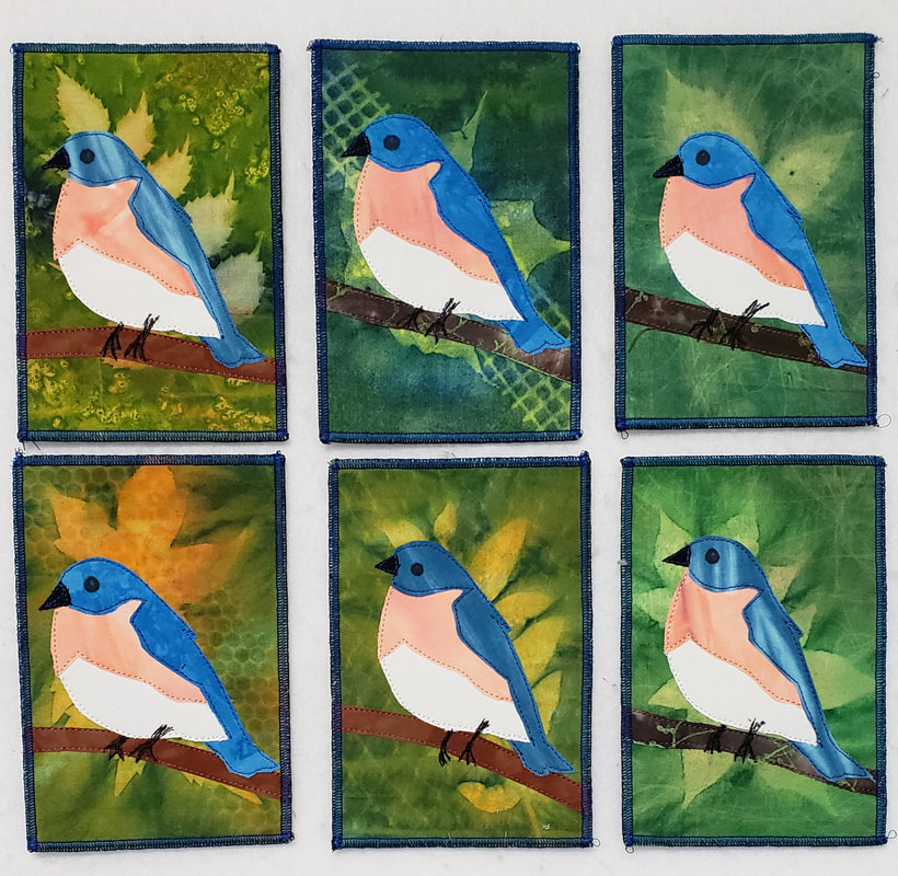 bluebird fabric postcards